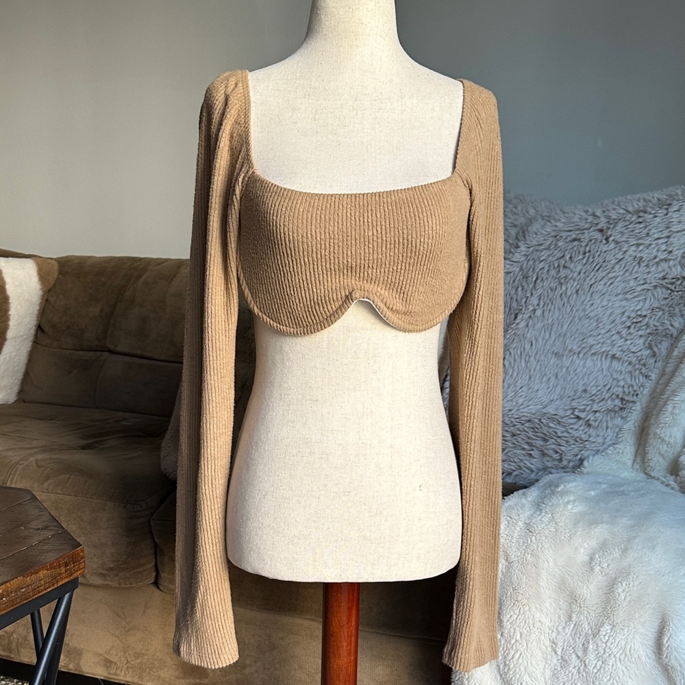 emory park Ribbed Scoop Neck Crop Top - Camel Brown